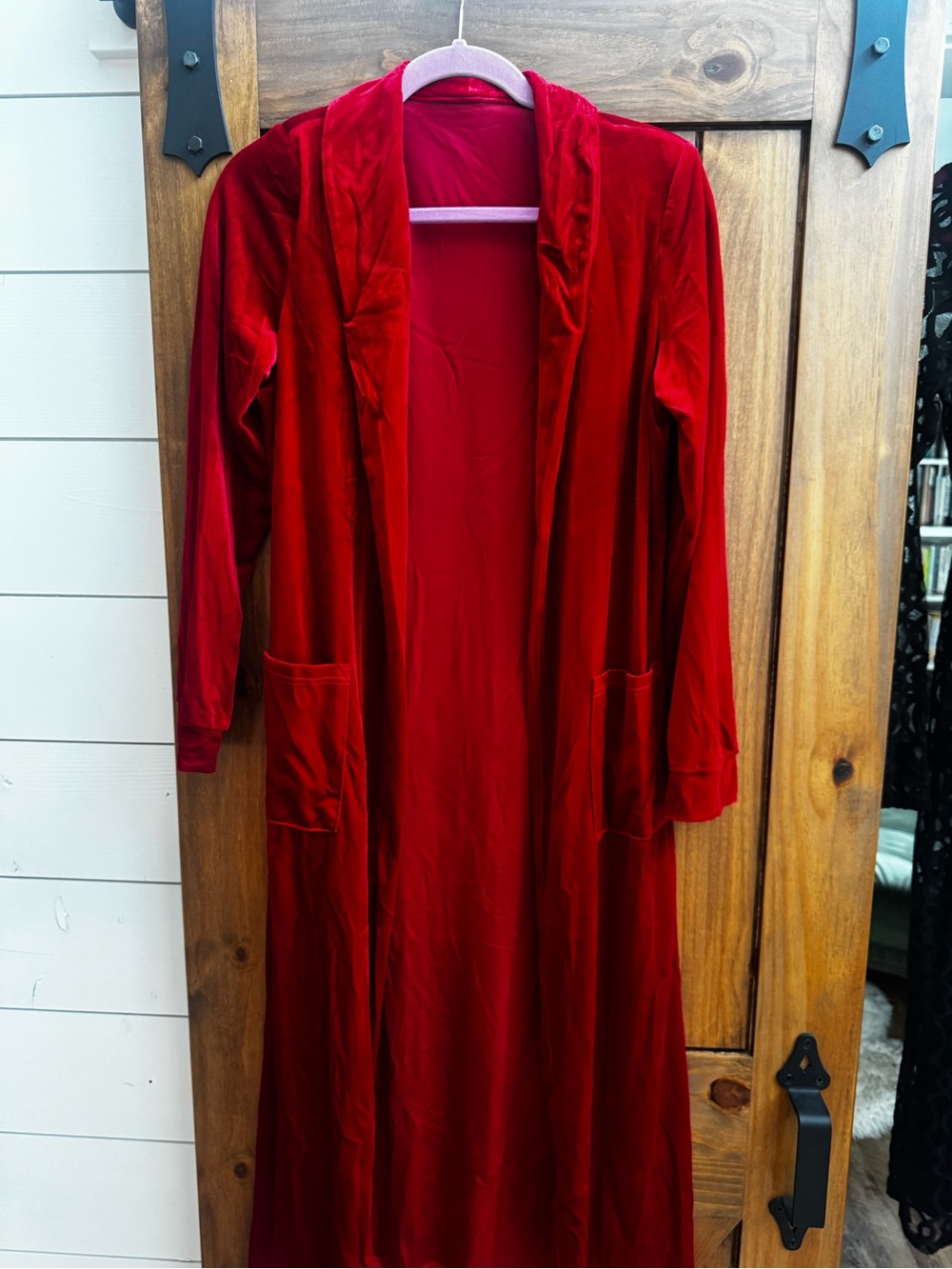 Red Velvet Long Open-Front Robe with Pockets